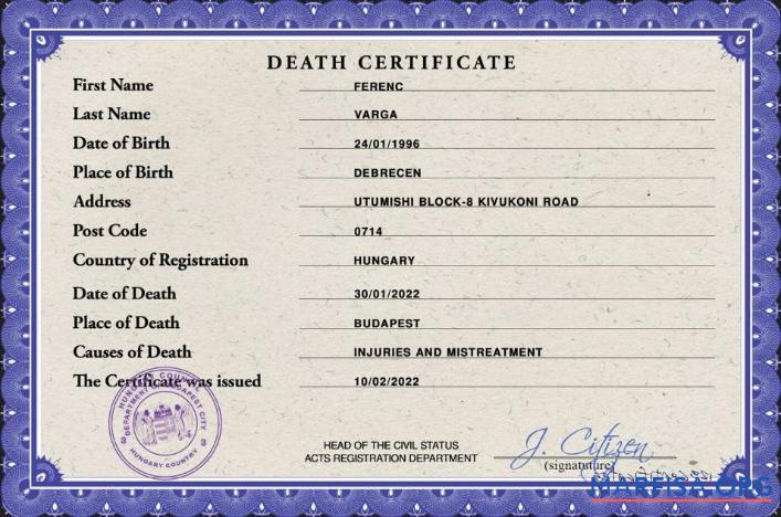 Blank Hungary vital record death certificate PSD real example